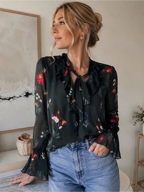 Ports Silk Blend Floral Bees Ruffle Tie Neck Blouse Romantic Cottagecore Flowy